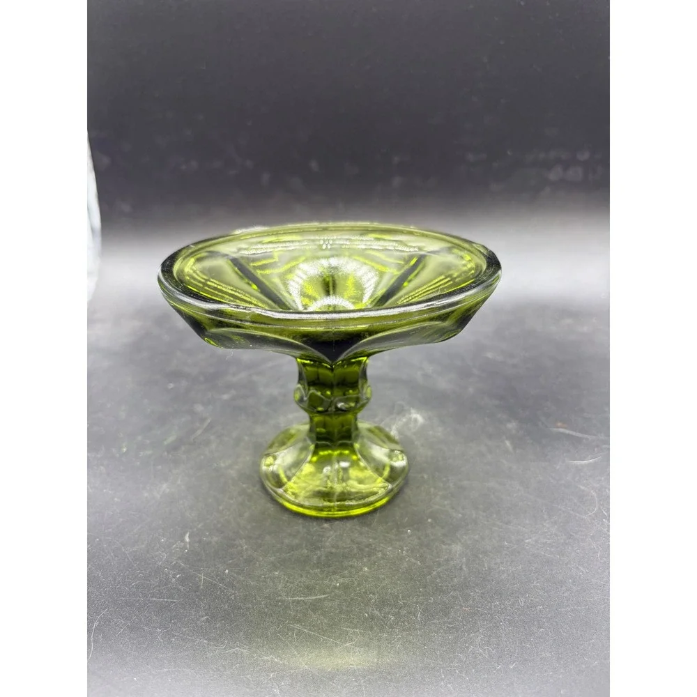 Vintage Olive‎ Green Glass Compote Pedestal Candy Dish Paneled Mid Century Retro